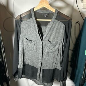 Metaphor Sheer Black Sleeve Blouse w/Gray Knit Bodice+Pockets, Medium